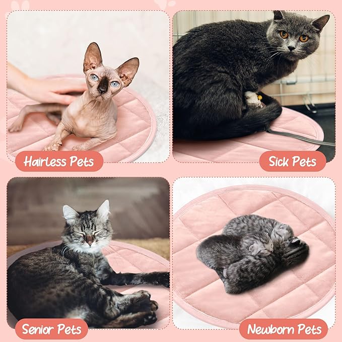 2 Pcs Cat Heating Pad Round 16 Inch Self Heating Cat Mat Washable Heated Bed Anti Slip Warming Pad Pet Bed Mat for Kennel Dog Crate Indoor Outdoor (Pink,16 Inch)