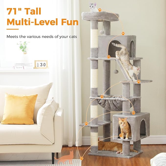 71 Inch Tall Cat Tree for Indoor Cats Large Adult, Multi-Level Cat Tower with Extra Large Hammock, 2 Cat Caves, Spacious Top Perch, Scratching Pad, Light Grey