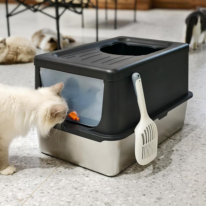 Stainless Steel Litter Box with Lid, Extra Large Cat Box with high Sides, Kitty Litter Pan Enclosure, top Entry Cat Litter Box Extra Large with Litter Scoop & Litter Mat, Anti-Leakage (XL Black)