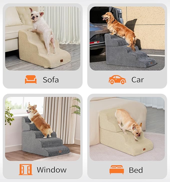 Made4Pets Dog Stairs Ramp for Small Dogs, 3-Step Dog Steps for Bed Couch Sofa and Chair, 35D Foam Pet Steps for Small Dogs and Cats, Non-Slip Bottom Pet Stairs, Grey
