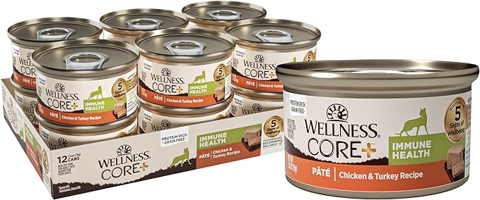 Wellness CORE+ Immune Health Pate Adult Wet Cat Food, Natural, Protein-Rich, Grain Free, 2.8 Ounce, 12 Pack (Chicken & Turkey)