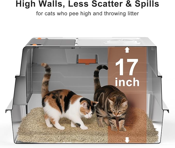 Extra Large Enclosed Stainless Steel Cat Litter Box with Lid - XXXL Giant Metal Enclosed High Sides Litter Boxs for Multi-Cat Households and Overweight Cats - Black