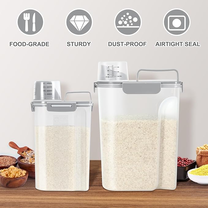 TBMax Rice Container 2 Pack, Airtight Cereal Container Oatmeal Storage with Easy-pouring Spout & Handy Cup for Flour Grain Beans, Pet Dog Cat Bird Food Storage Dispenser-Light Grey