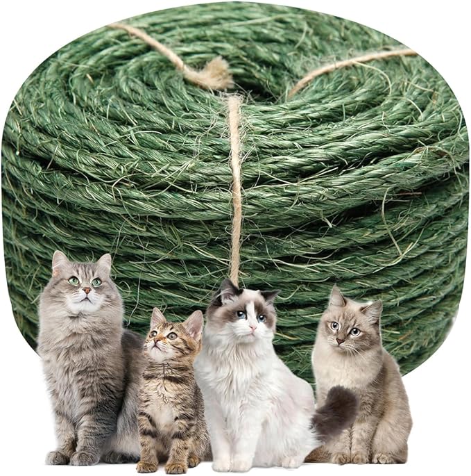 Green Sisal Rope 1/4 Inch by 49-Feet for Cat Scratching Post Tree Tower Replacement Repair and Replace, DIY Hemp Twine Rope for Kittens Shelves Furniture Window Bed Perch House Climbing, 6mm by 15m