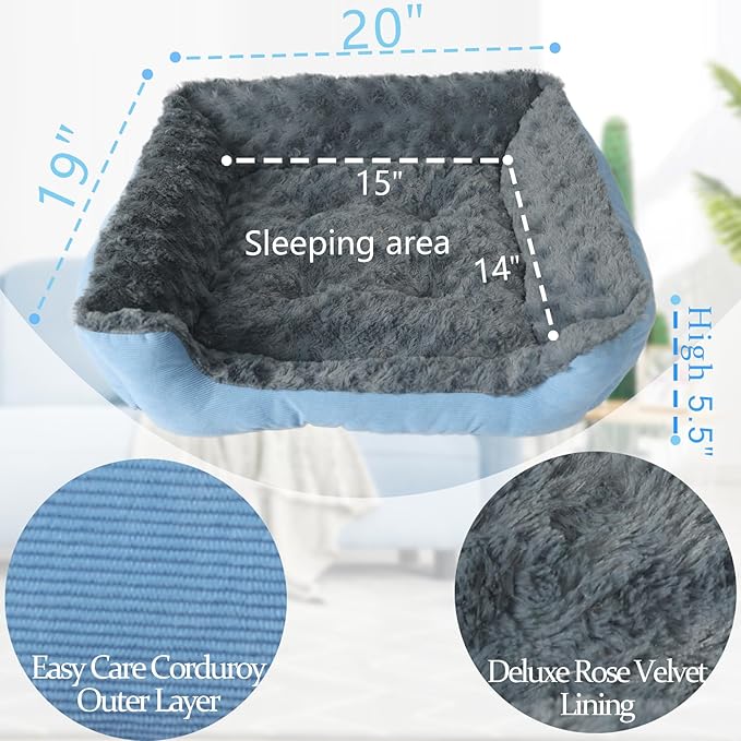 Rectangle Pet Beds for Small Dogs Washable,Fluffy Blue Cat Bed for Indoor Anti Slip Super Comfort Square Sherpa Pet Bed Fits up to 20 lbs Kitty or Puppy,20 inch