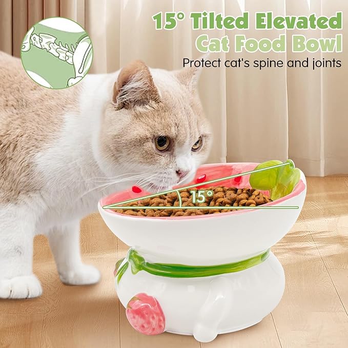kathson Ceramic Raised Cat Bowl, 15° Tilted Elevated Cat Food Bowl, Raised Cat Food Bowls Anti Vomiting, Small Cat Feeding Bowlswith Stand for Protecting Spine, Strawberry Shaped Cute Kitten Bowl