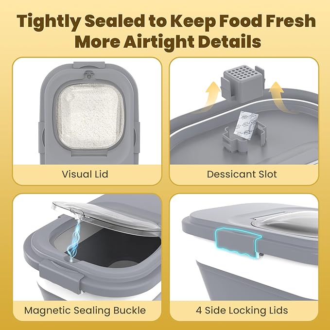 HOYTAMDA 30-40Lbs Rice Container,Collapsible Airtight Food Storage Containers with Wheels,Handle,Rice Storage Container with Small Bin and Scoop,Rice Dispenser for Flour Sugar Cereal Grain Dog Cat