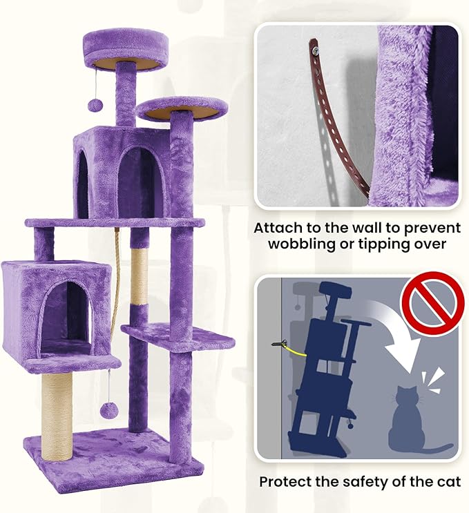 58.5inch Large Cat Tree Tower Condo for Indoor Cats, Soft Plush Multi-Level Climbing Tree Cat House, Scratching Post, More Entrance/Exit, Sisal Rope, Violet Purple
