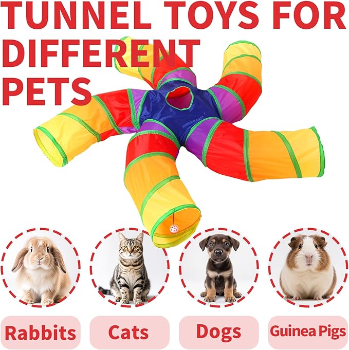 ‌Coolcandy Cat Tunnel & Interactive Cat Toy Indoor, Curved 5 Way Tunnel Toys for Indoor Cats, Collapsible Interactive Peekaboo Cave with Play Ball, for Multi-Way Play & Small Animals