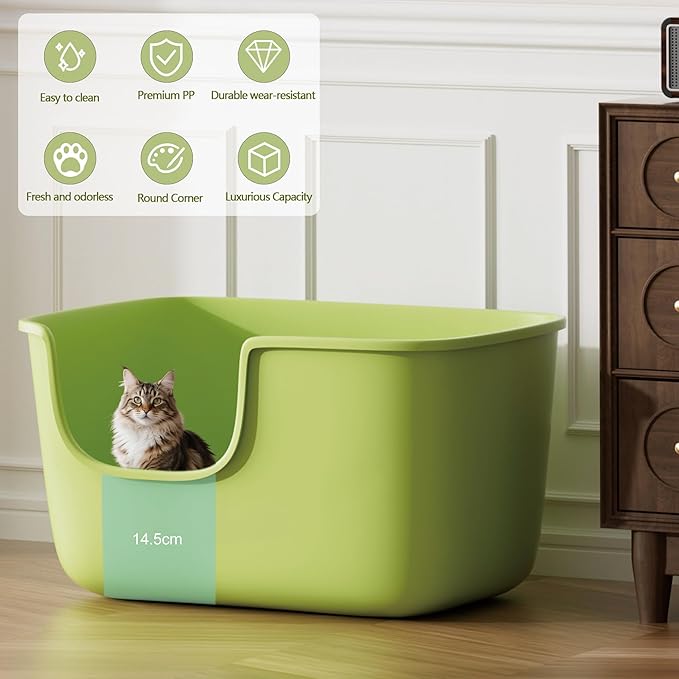 Vealind Large High Sided Cat Litter Box Extra Deep Litter Tray for Multi Cats Household, High Wall Cat Boxes Anti-Splashing Kitty Litter Box (Green)