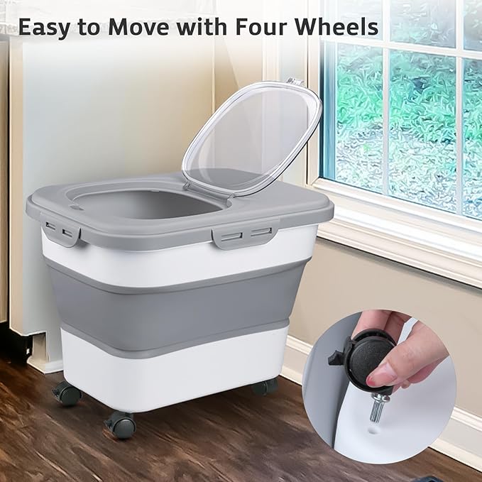 Rice Storage Containers, Collapsible 20 to 30Lbs Food Storage Bin Dispenser with Rolling Wheel and Clear Airtight Lid, BPA Free Flour, Sugar, Cereal and Dog Cat Pet food Containers