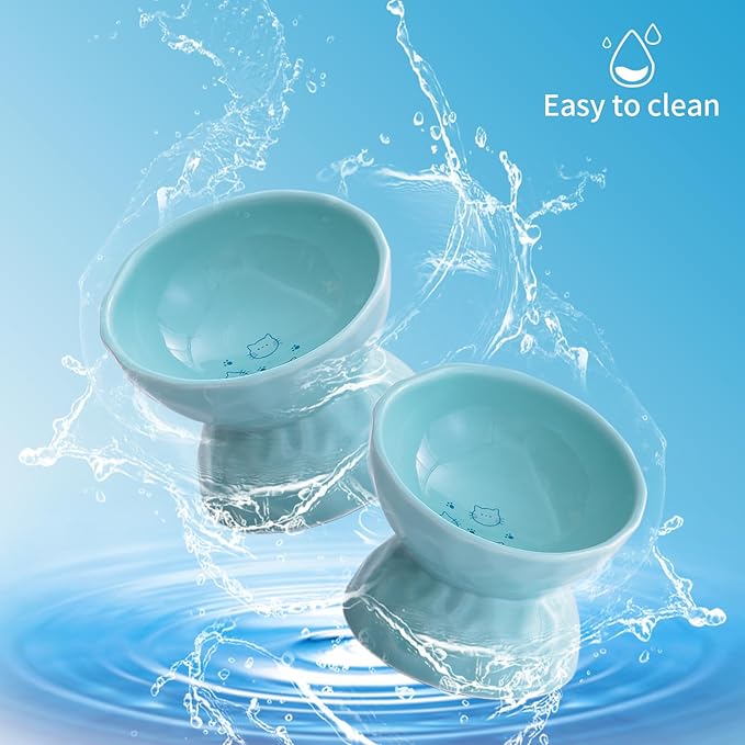 OMAYKEY Ceramic Raised Cat Bowls, Tilted Elevated Cat Food and Water Bowl Set, Porcelain Stress Free Pet Feeder Dish for Cats and Small Dogs, Dishwasher and Microwave Safe,Green, Set of 2