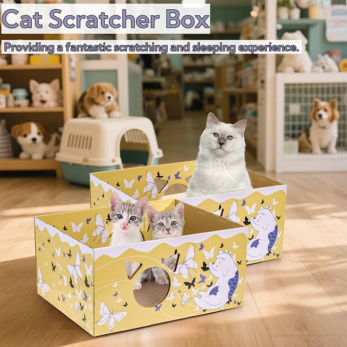 2 Pack Cardboard Cat Scratcher Boxes, 16.5 Inch Heavy Duty Cat Scratching Bed, Large Kitten Lounger with Double-Sided Scratch Pad, Hideaway House with Interactive Hole for Indoor Cats