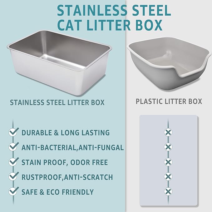Stainless Steel Litter Box 2 Pack, 17.5"x13.6"x13" Standard Metal Cat Box with 15.7In High Sided Pee Shield, Non Stick No Smell Tall Kitten/Kitty Litter Box with Splash Guard