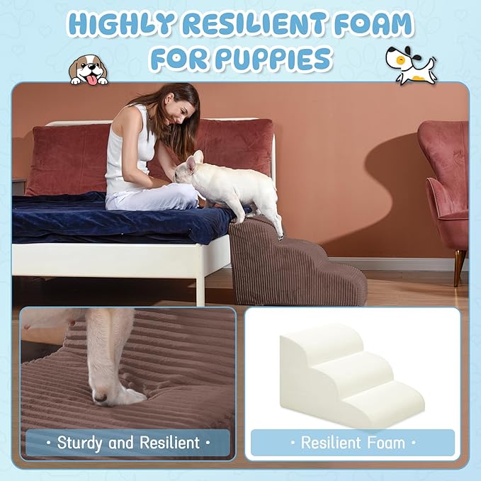 Dog Steps for Small Dogs, 3-Step Dog Ramp and Stairs for High Beds and Sofa, Non-Slip Pet Stairs for Small Dogs and Cats, Removable and Easy to Clean Pet Stairs, Coffee
