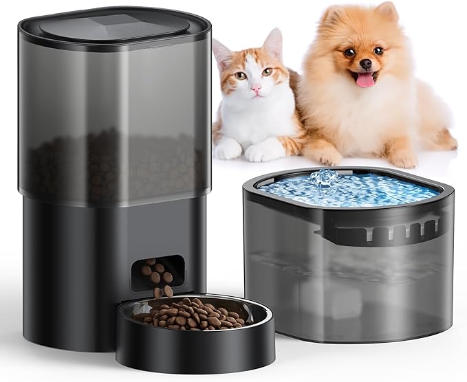 Automatic Cat Feeder and Water Fountain 5G WiFi Cat Food Dispensers, APP Remote Control, Programmable Timed Feeding,Dry Food Smart Feeder 10s Voice Recorder, 1-10 Meals/Day for Cats Small Dogs