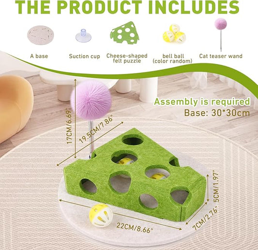 Interactive Cat Puzzle Toy for Indoor Cats & Kittens - Fun Track Balls & Spring Teaser in Stimulating Felt Puzzle Box (Green) - Mental Enrichment Game