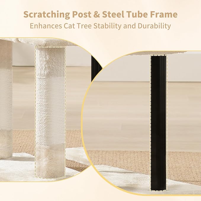 Heybly Cat Tree, 49.2 Inches Cat Tower for Indoor Cats, Spacious Cat House Condo with Hidden Space，Sturdy Steel Tube，Soft Plush Top Perch，Cozy Hammock and Sisal Scratching Posts, Beige HCT200SM