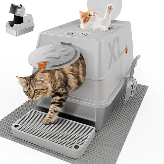 Stainless Steel Cat Litter Box with Lid, XL Extra Large Kitty Litter Box, Enclosed Top Entry Metal Litterbox for Big Cats, Easy Cleaning, Anti-Leakage & High Sided with Mat, Aisle & Scoop Medium Grey