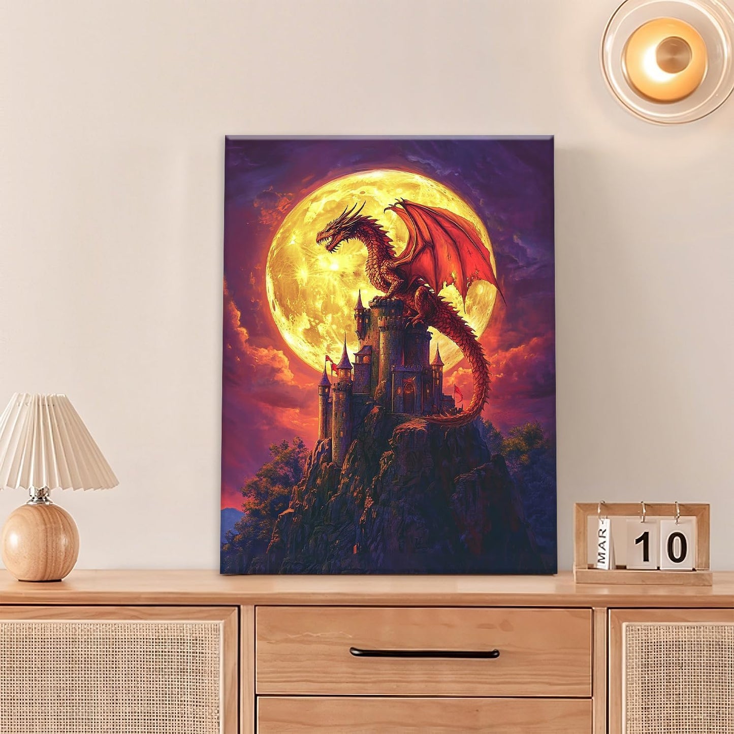 Dragon Bathroom Pictures Wall Art, Red Dragon Castle Bathroom Wall Decor, Framed Painting Canvas Artwork for Bedroom Living Room Decorations 20"L x 16"W