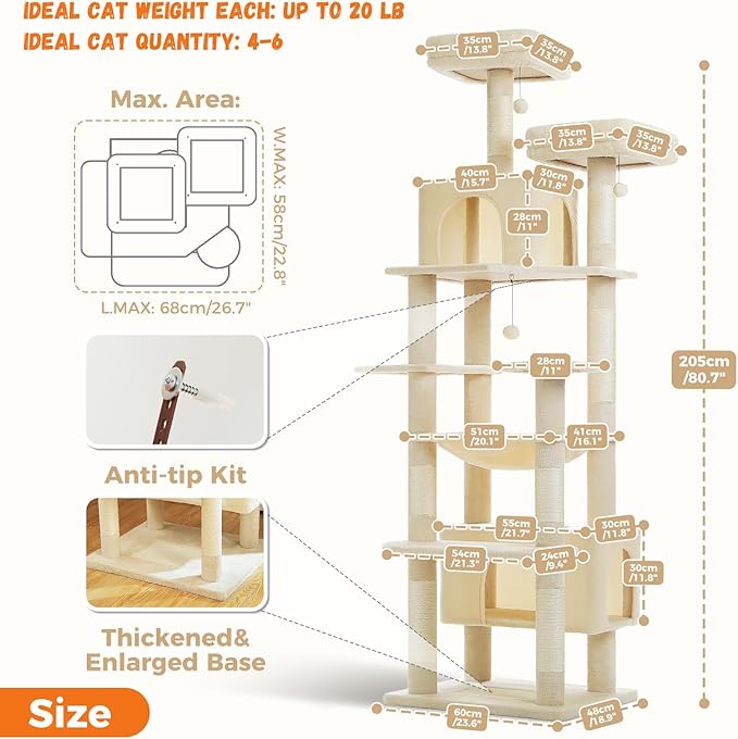 PAWZ Road Heavy Duty Cat Tree for Large Cats, 81 Inches Tall Cat Tower with 2 Perches, 2 Condos and Spacious Hammock, XL Extra Large Condo with 7 Scratching Posts for 20lb+ Adult Cats,Beige