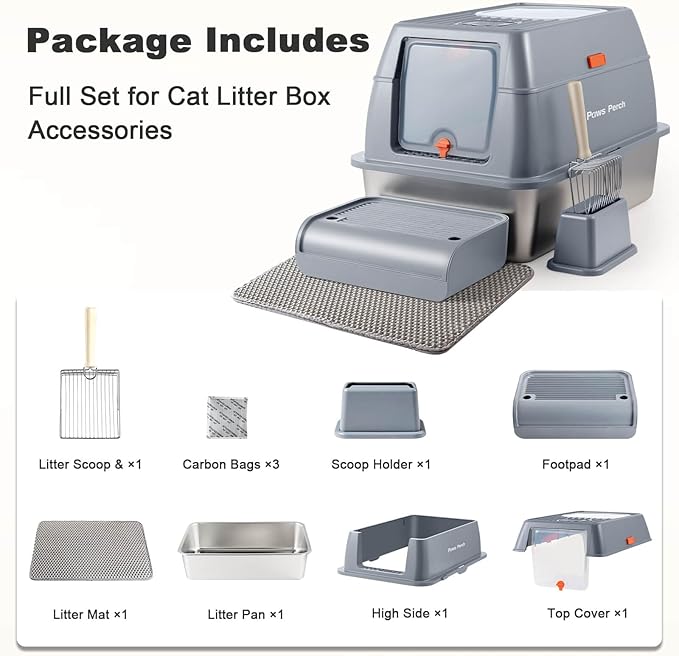 Stainless Steel Metal Cat Litter Box Large Enclosed with Lid, Dog Proof Jumbo Hooded High Sides for Big Cats, Indoor Multi Cat Use - Deep Design & No Smell