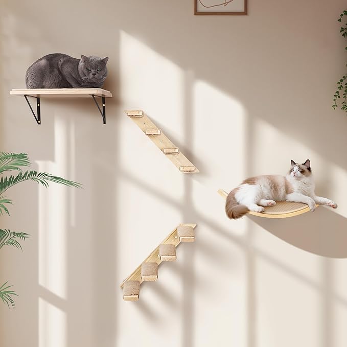 Wall Mounted Cat Shelves Stairs Set, 4 Piece Wood Cats Wall Furniture with Sisal Cat Window Perch, Flat Perch & Dual 4-Step Ladders for Climbing & Scratching