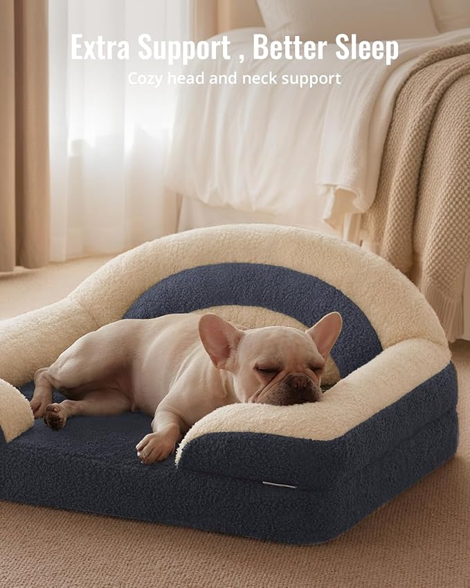 Blissful Diary Foam Dog Bed Medium Size, Pet Sofa with Washable Cover and Waterproof Liner, Soft Teddy Plush with Rainbow Design (Blue)