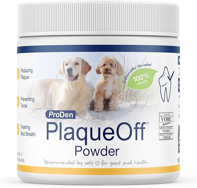 ProDen PlaqueOff Powder for Pets - Cat & Dog Breath Freshener - Plaque & Tartar Remover for Pet Oral Care - 180g