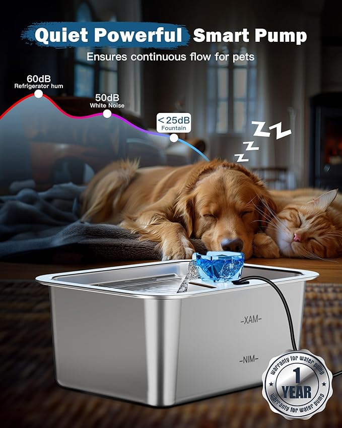 PETNF Dog Water Fountain for Large Dogs, 11L/3Gallon Stainless Steel Large Dog Fountain Water Bowl, Automatic Pet Water Bowl Dispenser with 2 Filters Indoor, Quiet and Safe Pump, Easy to Clean