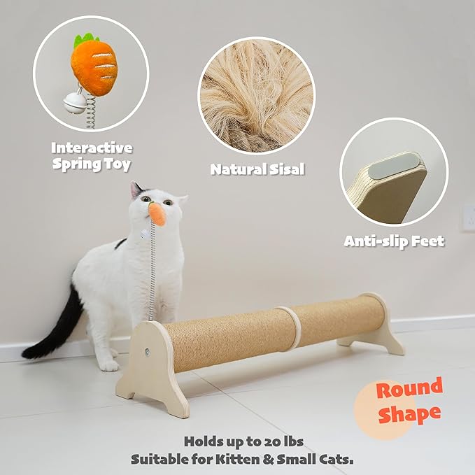 PETKARAY Horizontal Scratching Post, 30" Sisal Cat Scratch Post, Large Cat Scratcher with Spring Toy, Protect Furniture for Indoor Kitten