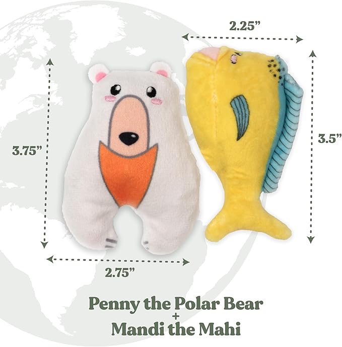 Global Collection Cat Toys | Mahi and Polar Bear Mixed Bundle | Value 2-Pack for Indoor Cats | Cute Interactive Plush Toys | Eco-Friendly & 100% Recycled Materials