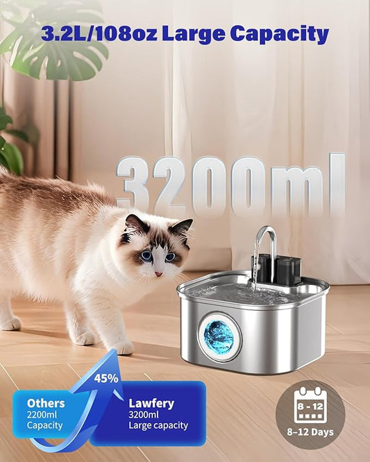 Wireless Cat Water Fountain Stainless Steel, 3.2L/108oz Battery Operated Pet Fountain with 3 Modes, Cordless Pet Water Dispenser for Cats and Dogs