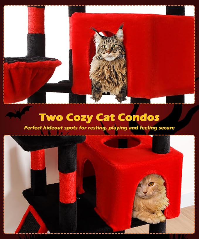 AMHANCIBLE Large Gothic Cat Tree, 83 Inch Tall Tower for Indoor Adult Cats, with Scratching Post and Board, Hammock, Condos, Hanging Basket, Activity Center to Play and Sleep, Black Red, PT21RD