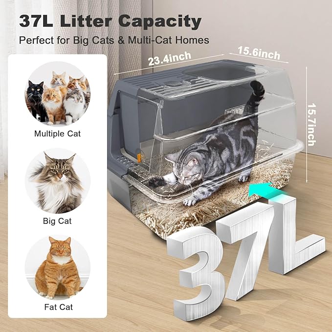 Stainless Steel Metal Cat Litter Box Large Enclosed with Lid, Dog Proof Jumbo Hooded High Sides for Big Cats, Indoor Multi Cat Use - Deep Design & No Smell
