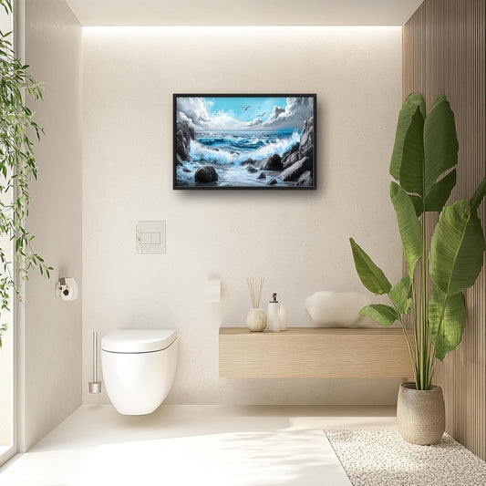 Extra Large Framed Abstract Sea Ocean Wall Art,Black and White Wall Decor, Coastal Seashore Pictures for Living Room,Canvas Print Painting Modern Artwork Bedroom Office Bathroom 36L x 24W