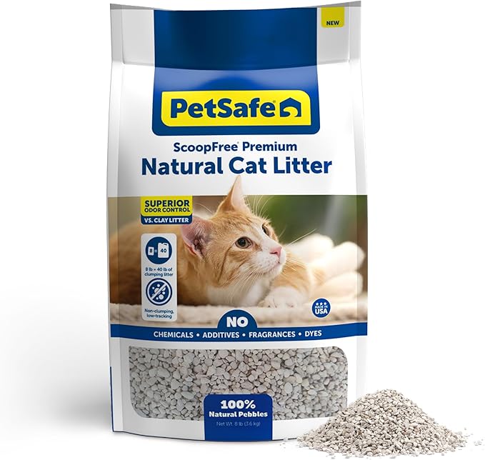 PetSafe ScoopFree Premium Fragrance-Free Natural Cat Litter - Long-Lasting Litter - High Absorbency & Low-Tracking Design - Non-Clumping Pebbles - 8 lb Bag