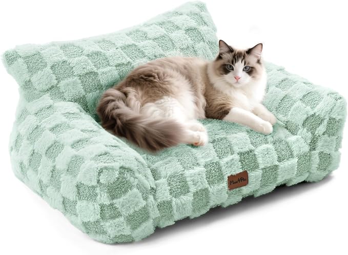 MADE 4 PETS Cat Couch Bed, Soft Faux Fur Checkered Pet Sofa, Calming Fluffy Cat Sofa with Supportive Foam, Removable Washable Cover with Non-Slip Base, Green, Small