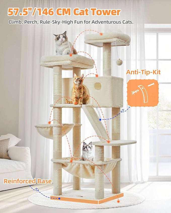 Taoqimiao Cat Tree 57.5-Inch, Cat Tower for Indoor Cats Large Adult, Extra Large Cat Condo, 8 Sisal Scratching Posts, Metal Frame Cozy Hammock, Durable Scratch Board, 2 Top Perches, Beige MS026M