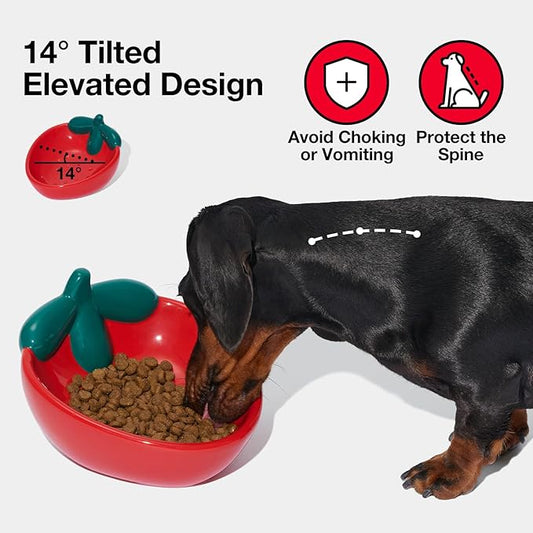 VETRESKA Ceramic Pet Bowl Tilted Design Pet Feeder for Food and Water Anti Vomit Cat Bowls for Indoor Cats Cute Strawberry Cat Bowl Dishwasher Safe