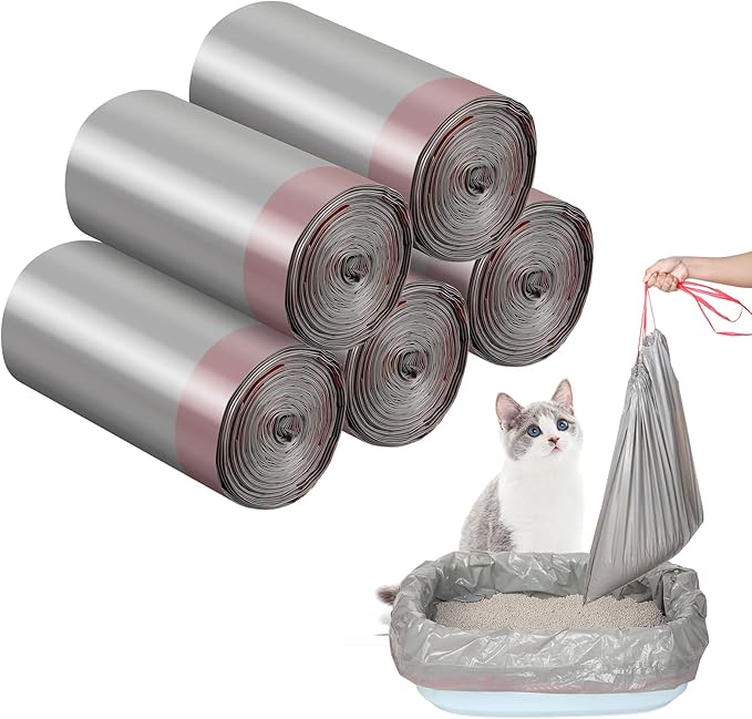 Tinlade 50 Count Jumbo Cat Litter Box Liners Large Drawstring Cat Litter Liners Bags Unscented Tear Resistant for Trash Waste to Keep Your Home Clean(39 x 22 Inch,Gray, Red)