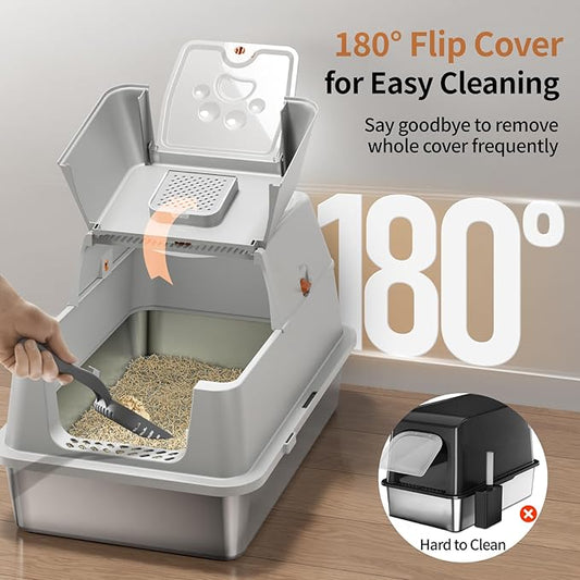 Stainless Steel Cat Litter Box with Lid, 180° Flip-Top XL Extra Large Enclosed Litter Box, Covered Metal High Sided Litter Pan with Steps & Scoop, Easy Cleaning, Odor Control, Non-Sticky-Grey