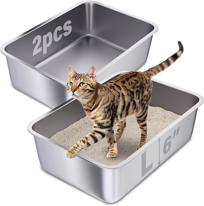 Stainless Steel Litter Box 2 Pack, 20"x14"x6"(Height) Large Metal Litter Box, Easy to Clean, Non Stick No Smell Cat Litterbox for Adult Cats/Kitty