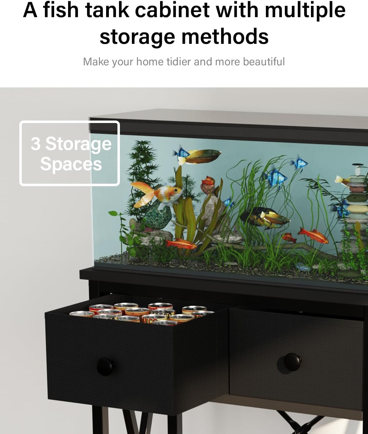 Fish Tank Stand for 5-10 Gallon Fish Tank: Aquarium Stand with Power Outlet - Metal 10 Gallon Tank Stand with Cabinet Drawer Storage for Turtle Tank, Reptile Terrarium (Black, 220LBS Capacity)