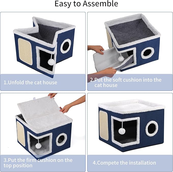 Cat House Bed for Indoor Cats, Large Cat Cave with Cozy Condo, Fluffy Hanging Ball, Scratch Pad, Hide-and-Seek, Foldable Indoor Cat House Hideaway with Double-Sided Soft Cushions for All Seasons, Blue