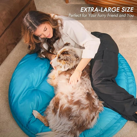 ClevaHome Orthopedic Dog Bed for Large Dogs, Dual Layer Water Repellent Round Pet Bed with Washable Cover Nonslip Bottom （Mosaic Blue）