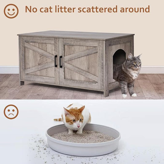 Homhedy 39.4" L Cat Litter Box Enclosure, Pet House with Barn Door, Wooden Cat Washroom Furniture, Fit Most of Litter Box, Greige