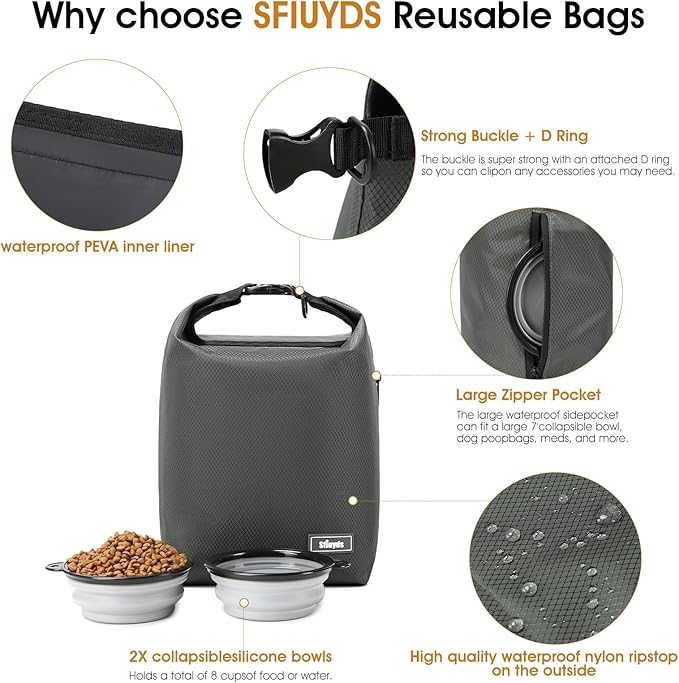 Waterproof Pet Food Storage Bag,Dog Food Container 12 lb w/2PCS Collapsible Dog Travel Bowls and Zipper Side Pocket(Gray, Small)