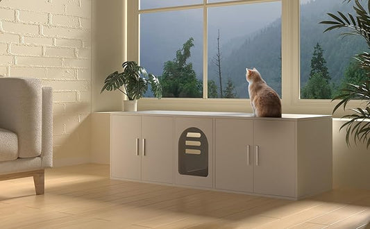 Double Litter Box Enclosure, Litter Box Enclosure for 2 Litter Boxes, Modern Litter Box Furniture for 2 Cats, with Cat Door & Motion Light (White)