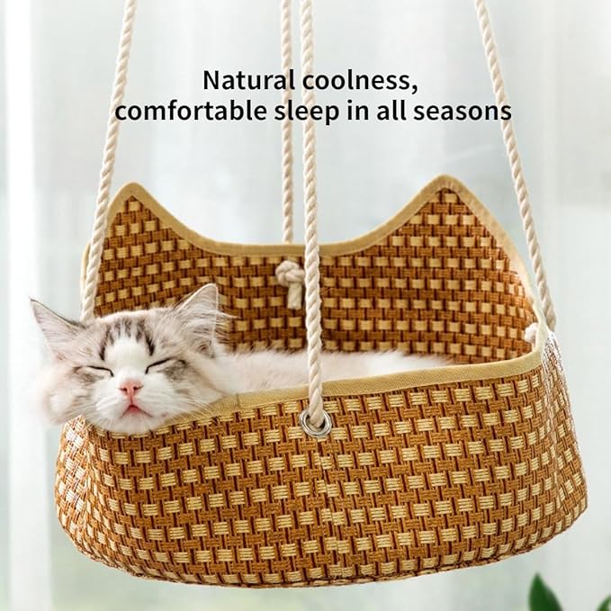 Breathable Pet Cage Hammock with Metal Hooks, Rattan and Bamboo Woven Cat Hammock for Kittens, Rabbits, Small Dogs, Cat Hanging Bed for Cage (Brown)